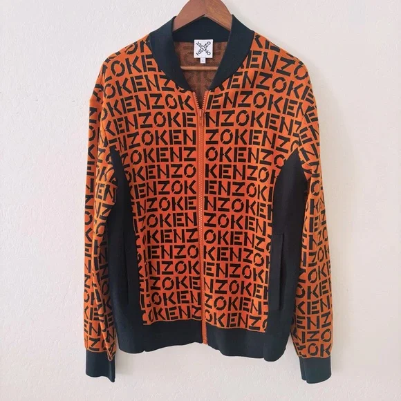 KENZO Monogram Print Flashy Colorful Designer Bomber Jacket In Orange Navy Blue - Picture 1 of 7